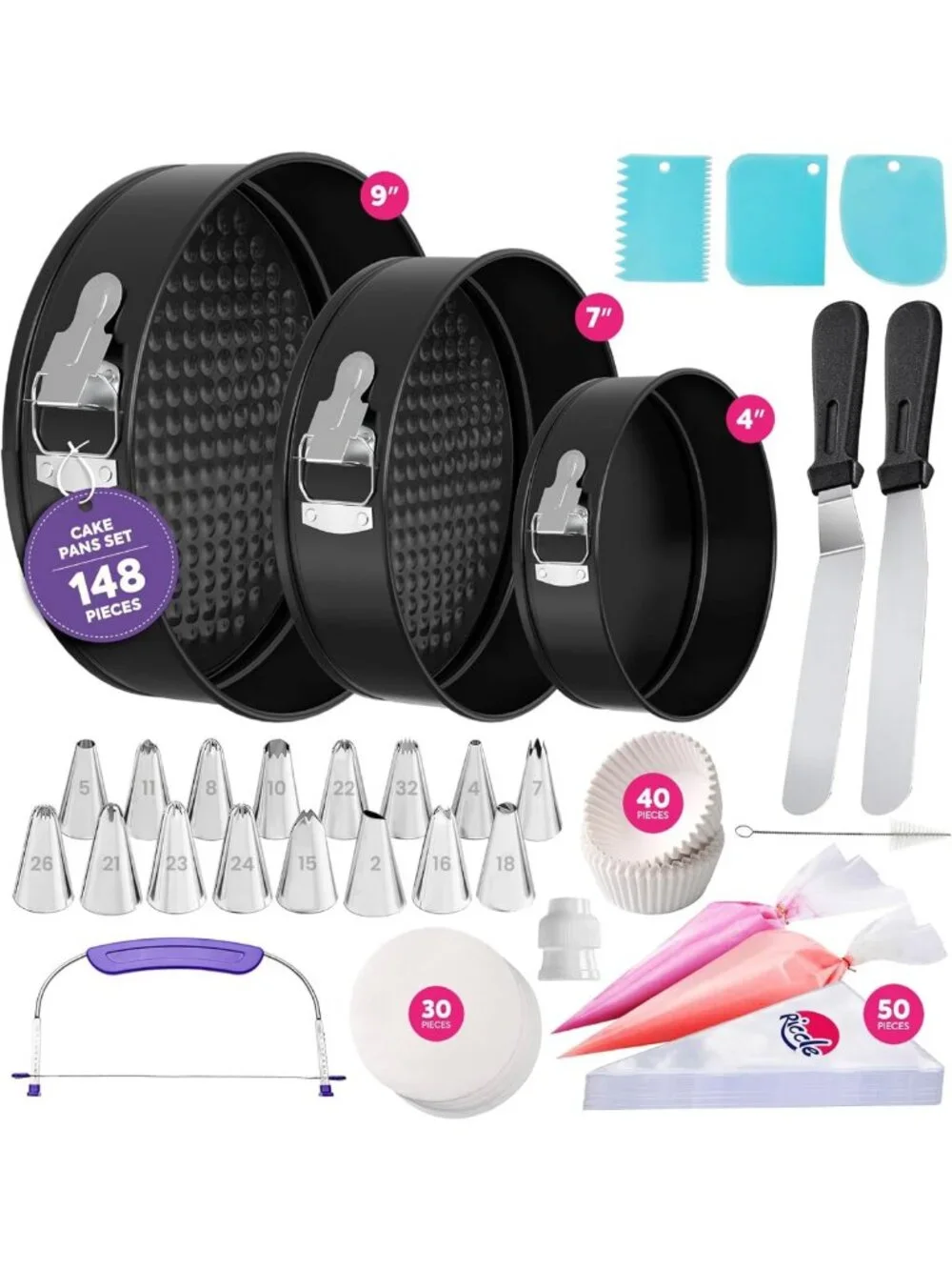148PC Non-Stick Springform Cake Pan Set, Decorating Kit & Piping Bags, Leveler